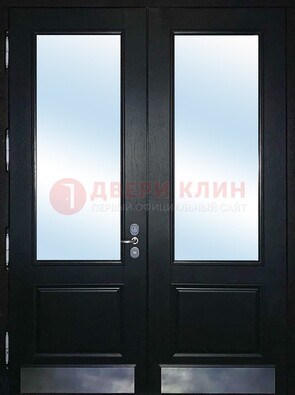 Черная двухстворчатая металлическая дверь со стеклом ДС-25 в Электроуглях