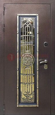 Железная дверь цвета медный антик со стеклом и ковкой ДСК-105 в Электроуглях