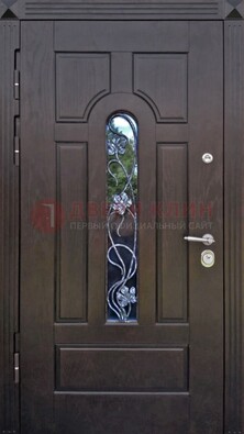 Металлическая дверь со стеклом и ковкой в цвете венге ДСК-142 в Электроуглях