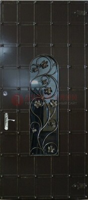 Высокая железная дверь со стеклом и ковкой ДСК-15 в Электроуглях