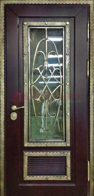 Темная уличная дверь порошок со стеклом и ковкой ДСК-167 в Электроуглях