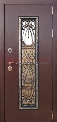 Коричневая стальная дверь порошок со стеклом и ковкой для дома ДСК-169 в Электроуглях