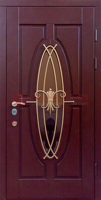 Бордовая стальная дверь Винорит со стеклом и ковкой ДСК-263 в Электроуглях