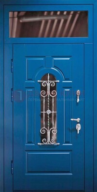 Синяя железная филенчатая дверь со стеклом и ковкой ДСК-97 в Электроуглях