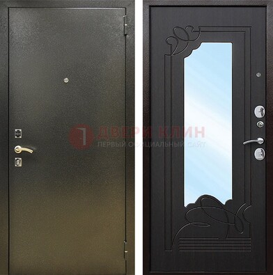 Железная темная дверь c порошковым напылением и МДФ с узором и зеркалом ДЗ-111 в Электроуглях