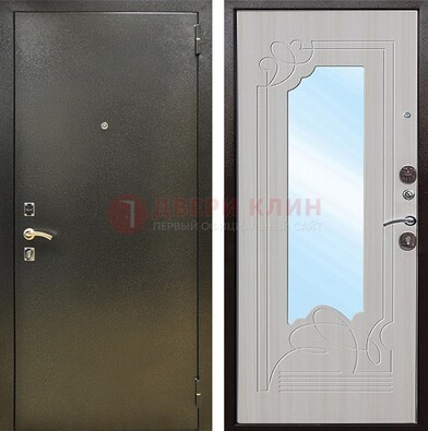 Входная темно-серая дверь c порошковым покрытием и МДФ с резьбой и зеркалом ДЗ-113 в Электроуглях
