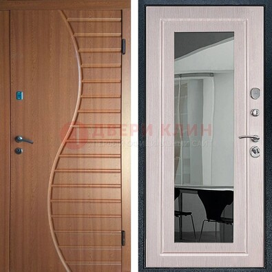 Коричневая железная дверь c виноритом и  МДФ Белый дуб с зеркалом ДЗ-118 в Электроуглях