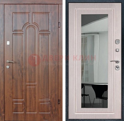 Входная коричневая дверь с МДФ Белый дуб и зеркалом ДЗ-126 в Электроуглях
