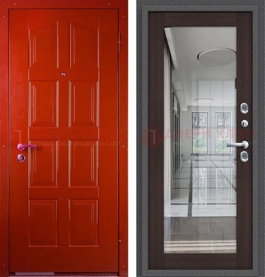 Красная металлическая дверь с МДФ и зеркалом ДЗ-136 в Электроуглях