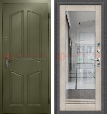 Зеленая стальная дверь с МДФ панелями и зеркалом ДЗ-137 в Электроуглях