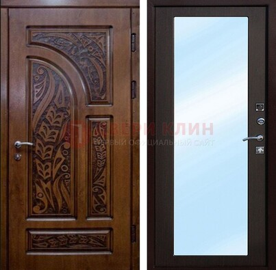 Коричневая входная дверь c узором и виноритом МДФ с зеркалом ДЗ-98 в Электроуглях