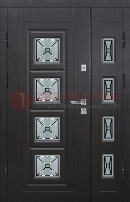 Чёрная двухстворчатая железная дверь с МДФ и витражом ВЖ-35 в Электроуглях