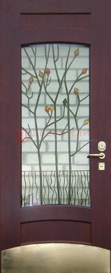Бордовая стальная дверь с витражом и декоративным элементом ВЖ-3 в Электроуглях